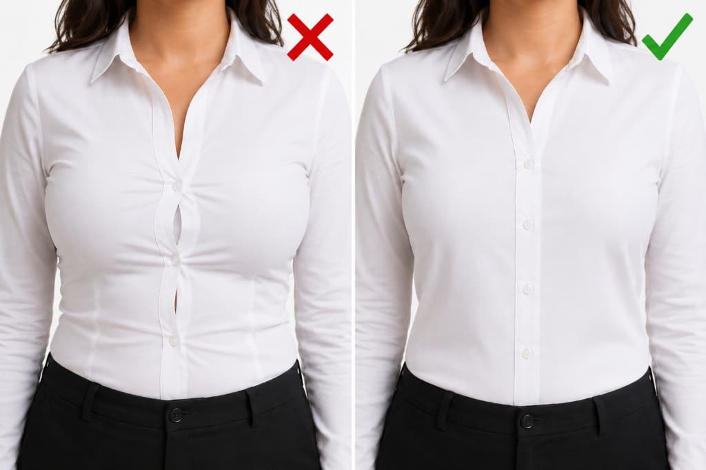Knopfleiste: Links mit Spannungsfalten (Falsch), rechts flach aufliegend (Richtig)